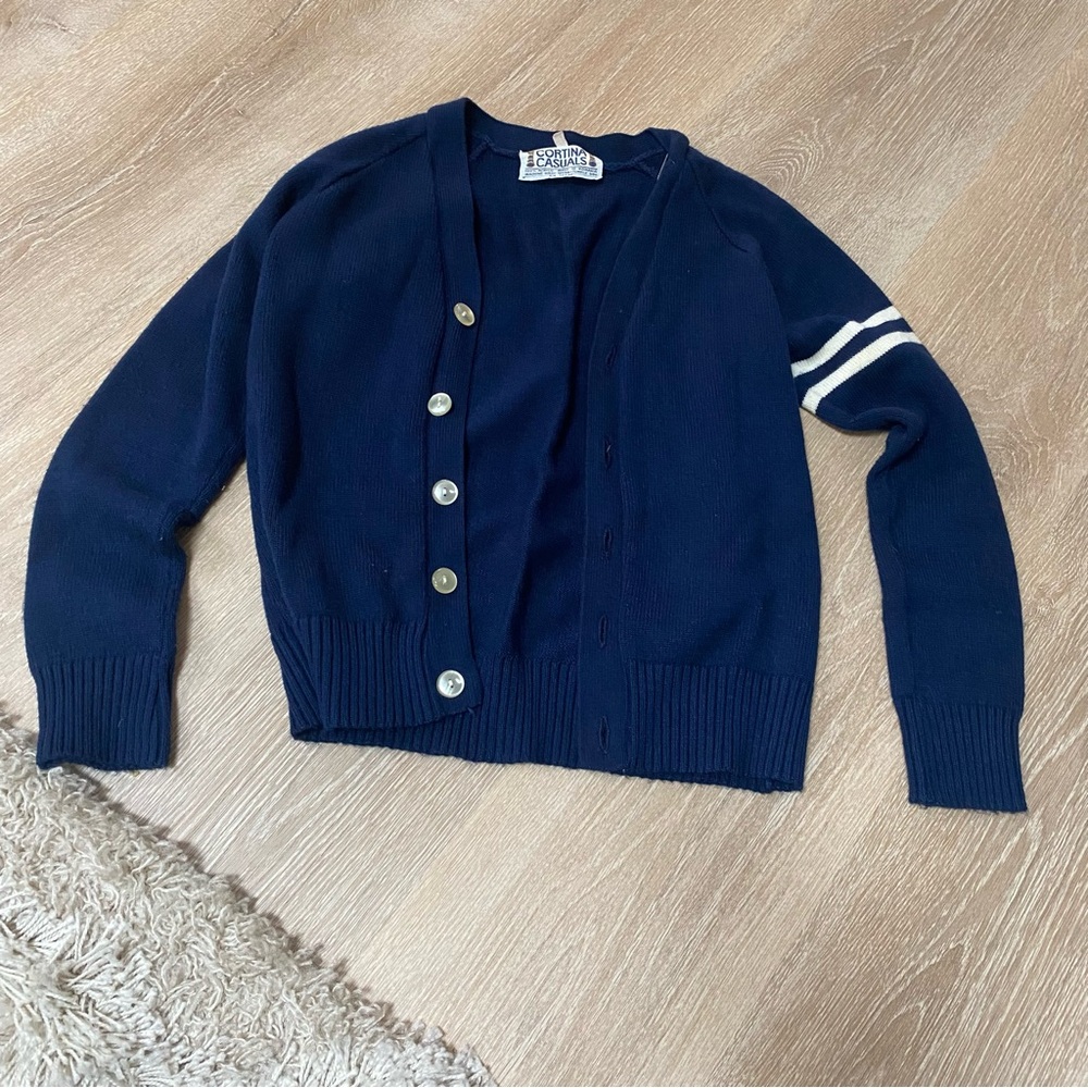 Vintage 70s Cortina Casuals varsity button down cardigan sweater navy blue S